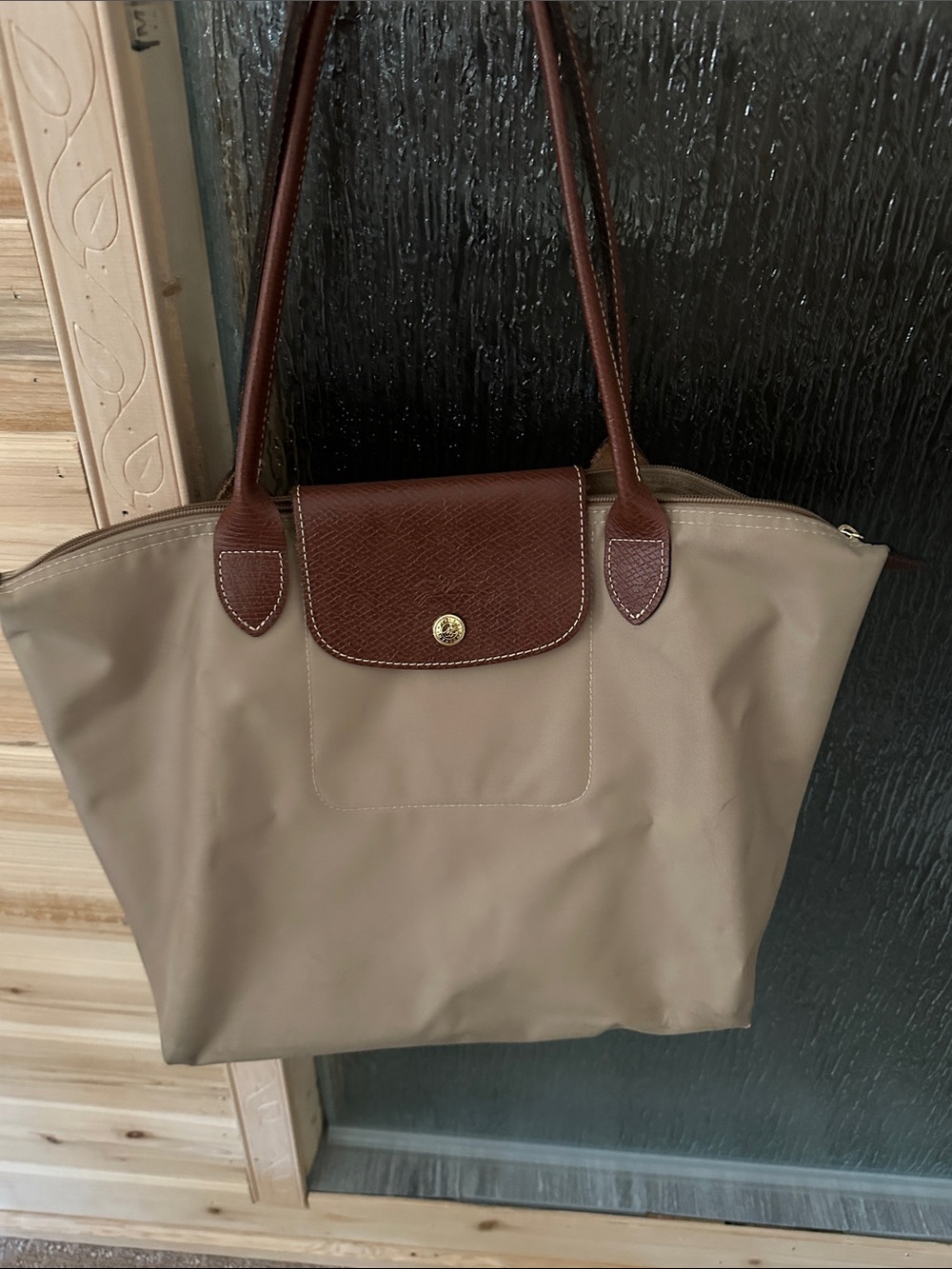 Longchamp Beige Nylon Tote with Brown Leather Trim perfect color for Fall 🍂